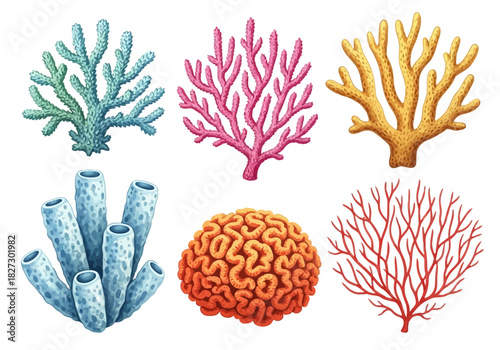 Collection of six colorful watercolor style coral and sea sponge illustrations