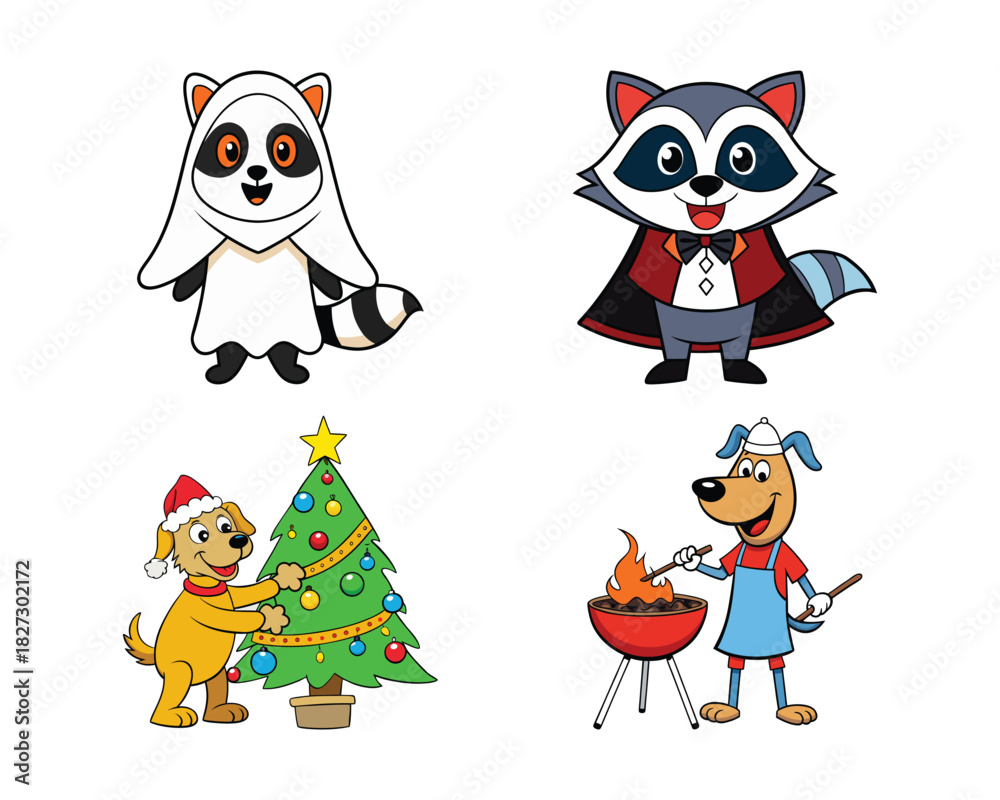Obraz premium cute raccoon dressed ghost halloween, raccoon vampire halloween, happy dog decorating christmas tree, dog grilling barbecue colorful cartoon vector illustration design Set Collection