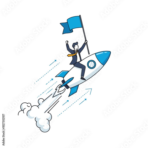 Businessman riding a rocket ship holding a blue flag symbolizing startup success, achievement, and rapid business growth