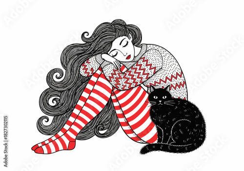 Cozy illustration of a young woman with long wavy hair wearing striped socks and a sweater hugging her black cat