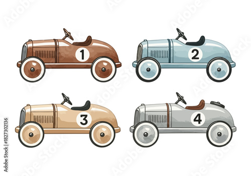 Set of four vintage toy race car illustrations numbered one through four