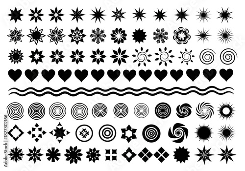 Collection of black and white vector shapes including stars, flowers, hearts, spirals, and geometric design element