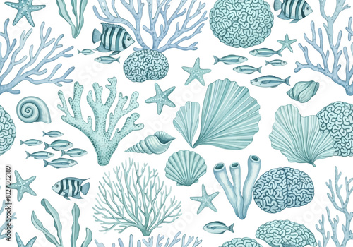 Seamless watercolor pattern of blue sea life including coral, fish, shell, and starfish