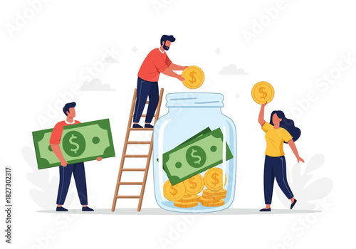 Three diverse people saving money by putting coin and banknote into a large glass jar illustration