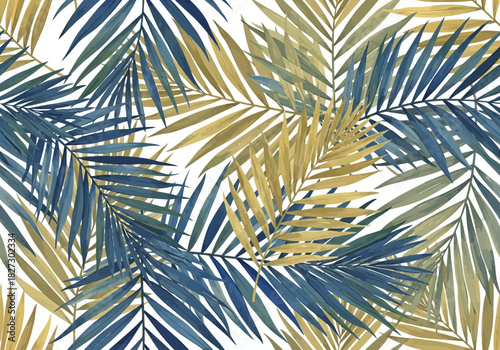 Seamless tropical pattern of palm tree leaves in shades of blue and gold watercolor on a