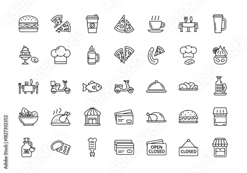 Set of hand drawn doodle icons representing various food, restaurant, delivery, and payment concepts