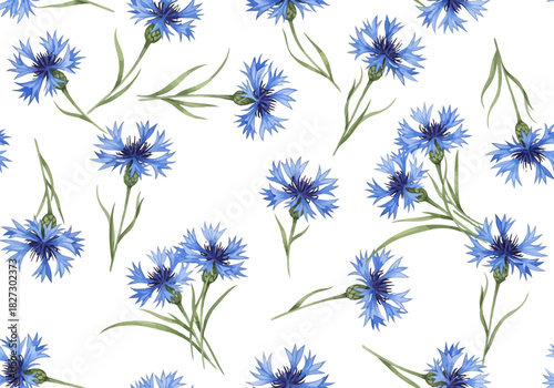 Watercolor seamless pattern with delicate blue cornflower blossoms and green stems on a