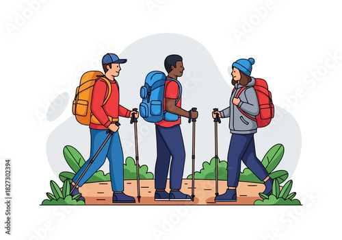 Three diverse hikers with large backpacks and trekking pole walking together on a nature trail
