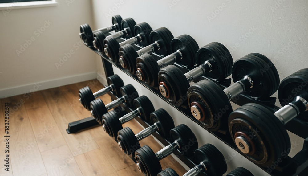 Obraz premium A neat rack of various black rubber dumbbells organized on a wooden floor in a modern gym, ready for a strength training and bodybuilding workout