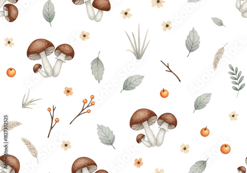Watercolor seamless pattern with autumn mushroom, berry, leaf, flower and branch element