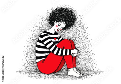 Sad young woman with curly hair sitting alone in a corner wearing a striped shirt and red pants