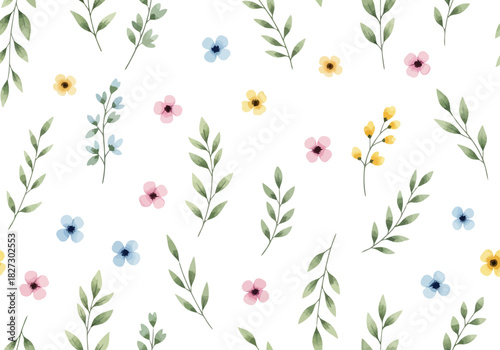 Delicate watercolor seamless pattern with small pastel flowers and green leafy sprigs on a