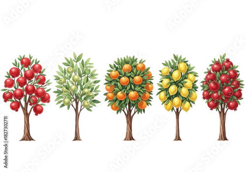 Collection of five watercolor fruit trees including pomegranate, apple, orange, lemon, and another pomegranate