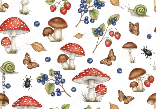Seamless pattern with watercolor illustration of forest mushroom, berry, butterfly, snail, and beetle on