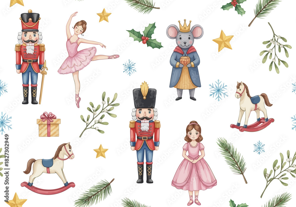 Fototapeta premium Watercolor seamless pattern with nutcracker soldier, ballerina, mouse king, girl, and rocking horse for christmas