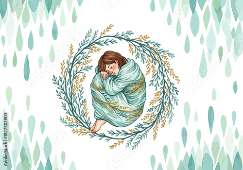 Watercolor illustration of a sad, lonely person curled up in a blanket inside a green and gold wreath on a light background