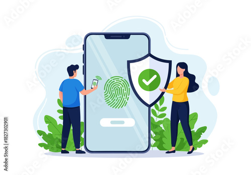 Man and woman securing mobile phone with fingerprint scan and shield icon representing digital security and verification concept
