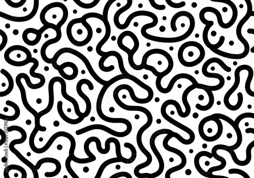 Abstract seamless pattern of thick black winding lines and small dots on a, perfect for modern design