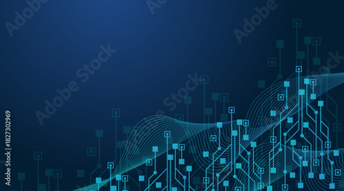 Artificial Intelligence with circuit electric line style. Digital futuristic machine learning design. AI graphic design for website, banner, header, social media, mobile app, UI. Vector illustration.