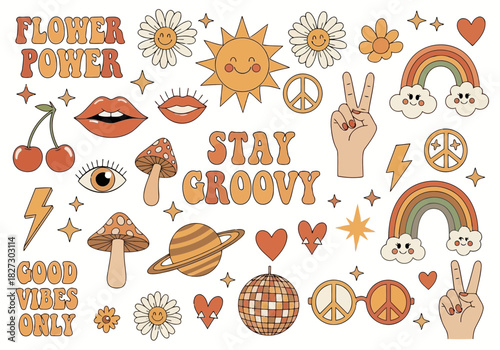 Set of 70s retro groovy hippie elements like flower power, rainbow, mushroom, sun, and peace sign