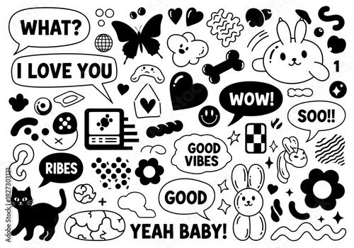 Collection of cute black and white doodle icons and hand drawn elements like bunny, cat, butterfly, heart, and speech bubble text
