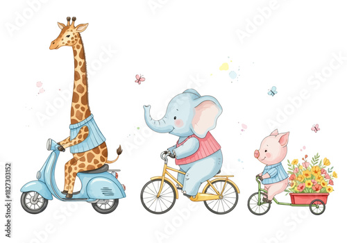 Cute watercolor illustration of a giraffe on a scooter, an elephant on a bicycle, and a pig with a flower cart on