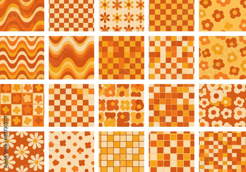 Collection of seamless retro patterns in warm orange and brown tones featuring wavy line, checkerboard, and floral motifs