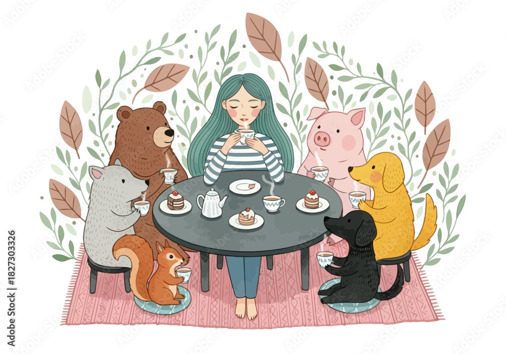 Obraz premium A whimsical illustration of a young girl having a tea party outdoors surrounded by various friendly animal companions like a bear, pig, and dog