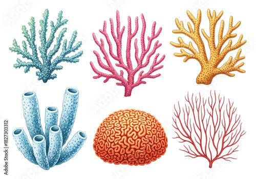 Collection of six different types of colorful coral reef organisms