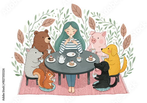A whimsical illustration of a young girl having a tea party outdoors surrounded by various friendly animal companions like a bear, pig, and dog