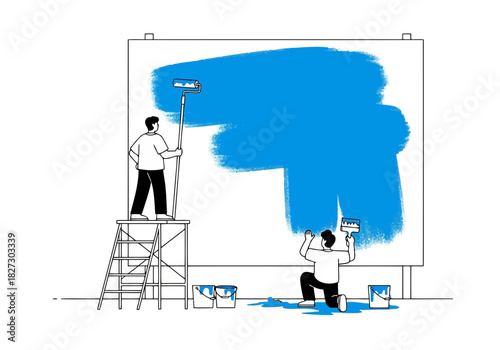 Two construction worker painting a large billboard with bright blue color using roller and brush