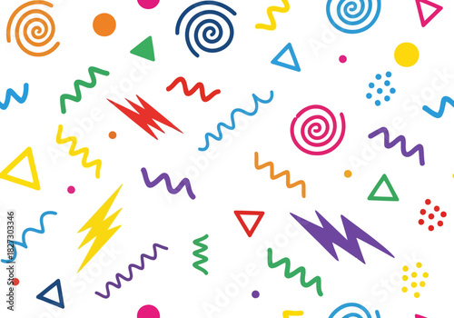 Vibrant abstract pattern with colorful geometric shapes like swirls, triangles, and zigzags on a