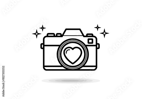 Simple black and white line art icon of a camera with a heart shape in the lens, perfect for photography love concept