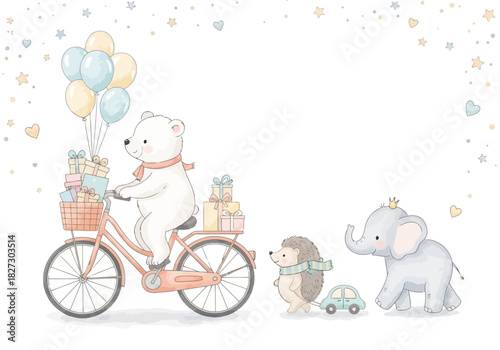 Cute watercolor illustration of a polar bear riding a bicycle with gifts and balloons, followed by a hedgehog and an elephant
