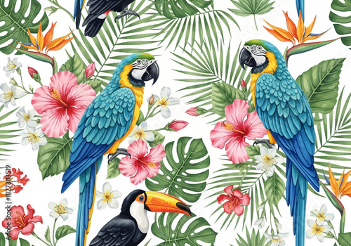 Watercolor seamless pattern with two blue and yellow macaws, toucan, hibiscus flower, and tropical leaf