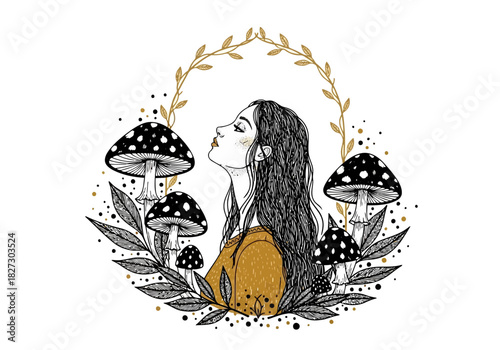 Mystical portrait of an elven woman surrounded by detailed amanita mushrooms and a delicate golden laurel wreath