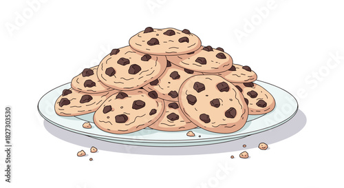 A tempting pile of freshly baked chocolate chip cookies are stacked high on a white plate, inviting a sweet treat and a moment of indulgence.