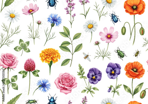 Watercolor seamless pattern with various colorful summer wildflower and insect illustrations