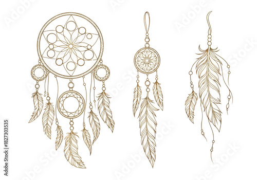 Set of three delicate golden dreamcatcher illustrations with feathers