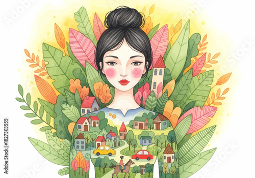 Watercolor illustration of a woman with a village and nature scene growing from her body, symbolizing environmental care and community