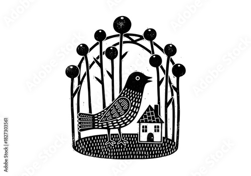 Black and white linocut style illustration of a stylized bird standing next to a small house under decorative arching stems