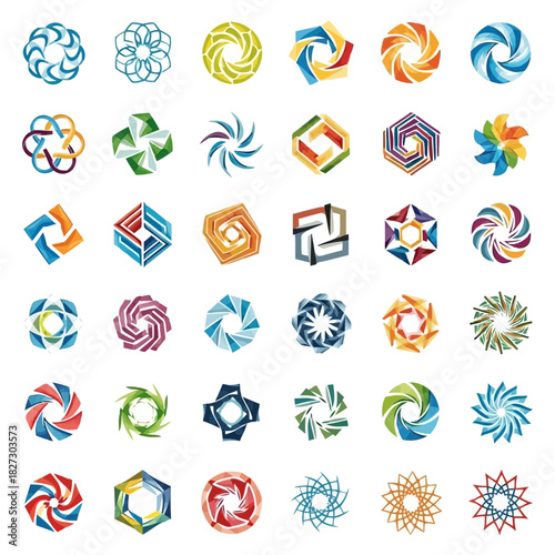Collection of abstract colorful geometric logo icons and symbols with swirl and rotation effect