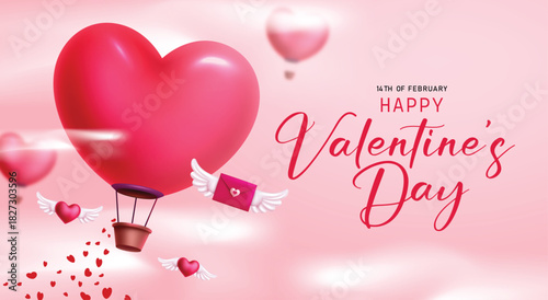 Happy valentine's day greeting clipart banner. Valentine's day greeting with heart shape hot air balloon clip art for romantic surprise banner card template in pink background vector illustration.
