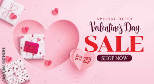 Valentine's day sale clipart banner design. Valentine's day special offer shopping discount clip art in pink heart paper cut style background and gift box decoration elements for romantic celebration 