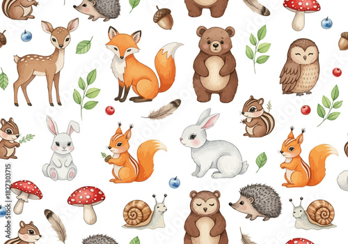 Watercolor seamless pattern with cute forest animal characters like fox, deer, bear, owl, rabbit, squirrel, and hedgehog