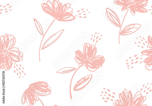 Seamless pattern with delicate hand drawn pink floral sketch on a clean for textile design