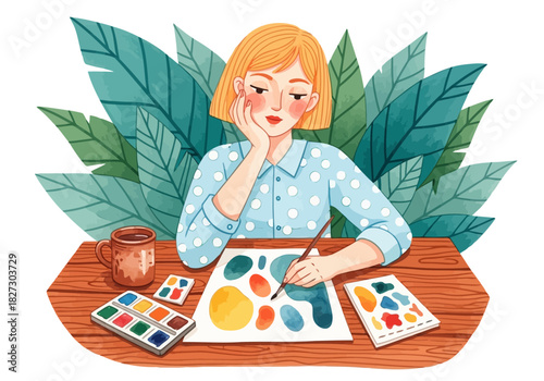 Young woman with blonde hair painting colorful abstract shapes on paper with watercolor set at wooden table surrounded by large green leaves