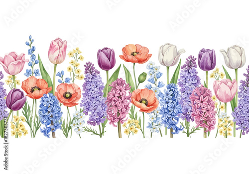 Watercolor border of spring flower arrangement with tulips and hyacinths