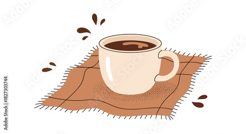 A steaming cup of dark, rich coffee rests on a checkered cloth, inviting a moment of warmth and relaxation in a simple, inviting illustration.