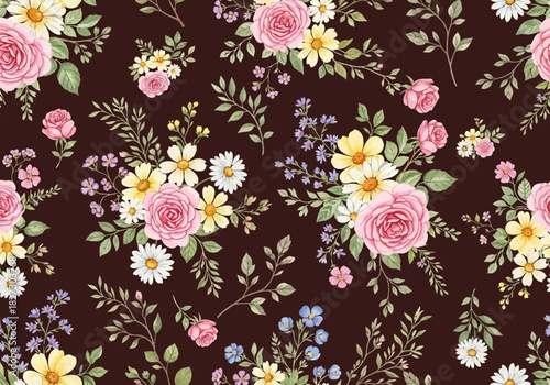 Seamless floral pattern with pink rose and daisy bouquet on dark brown background for textile design